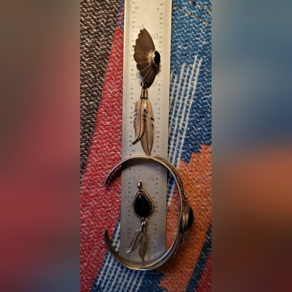 Native American Vintage Silver Black Onyx Necklace Watchband Bracelet Ring Set - Picture 9 of 15